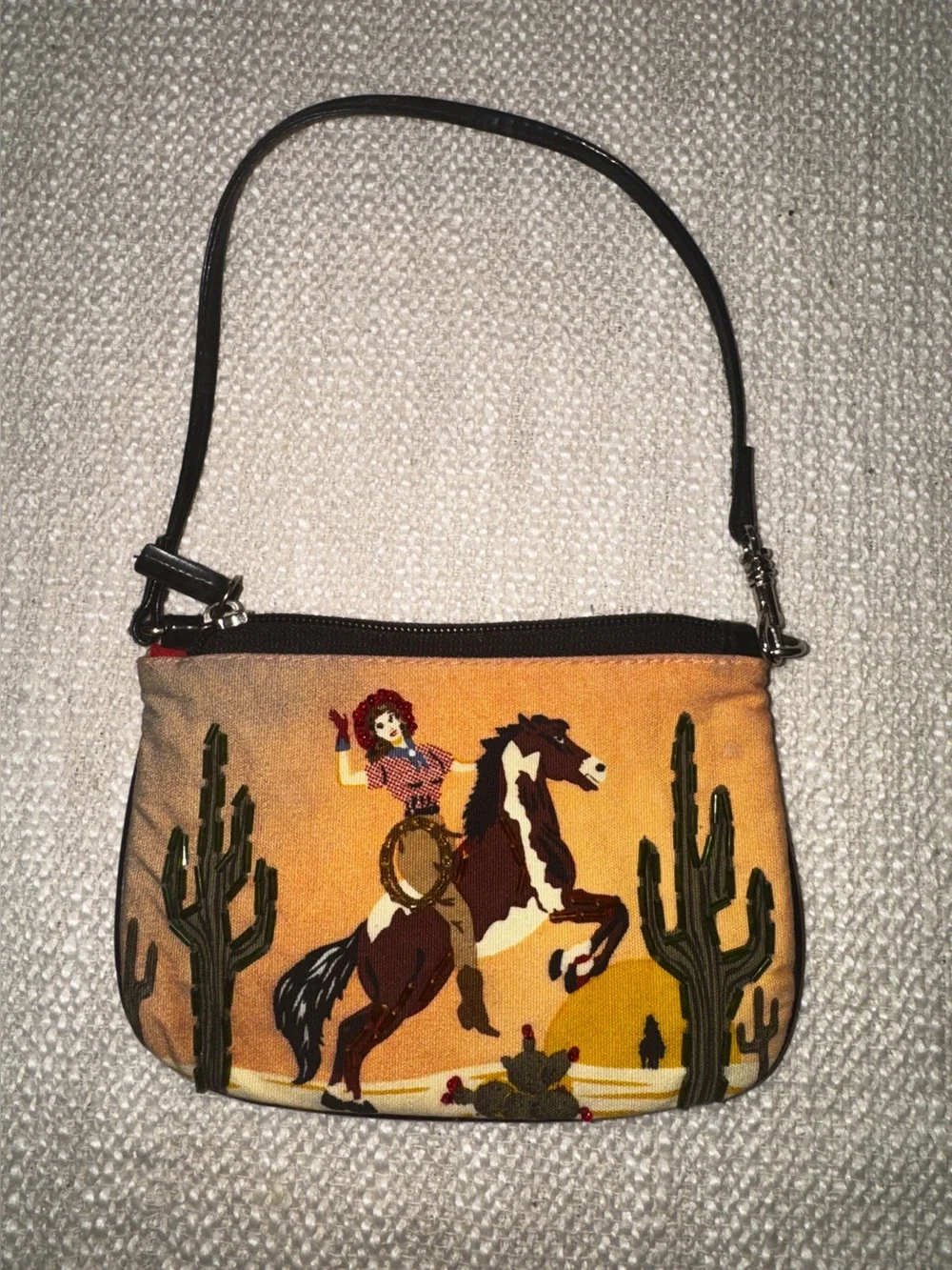 Vintage Beaded Cowgirl Sunset Kitsch Wristlet